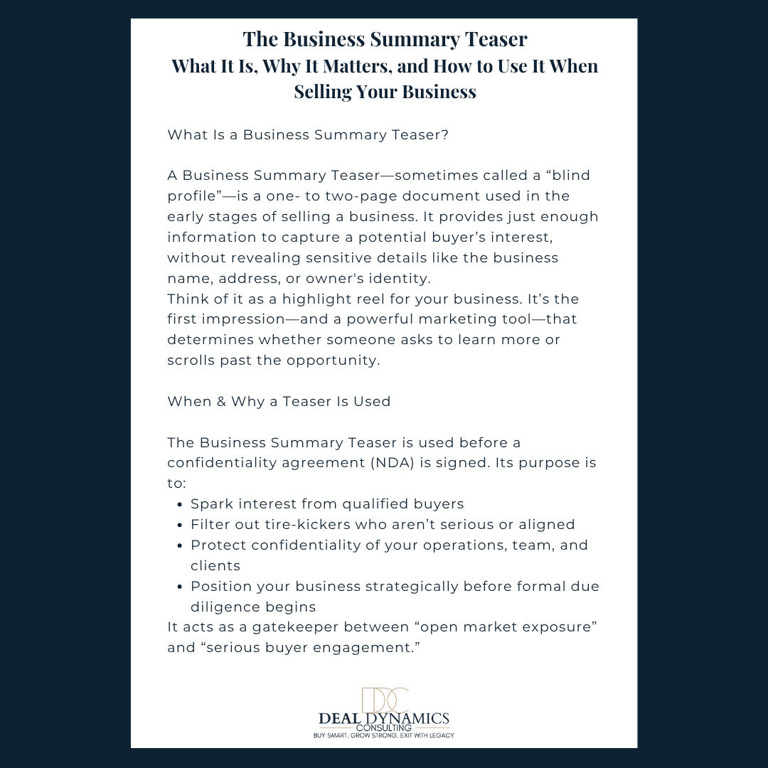Seller Teaser Template: Business One-Pager Summary